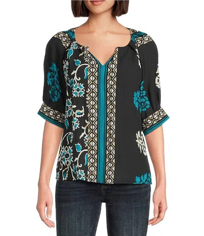 Tru Luxe Floral Border Print Split V-neck Elbow Sleeve Top In Multi In Black