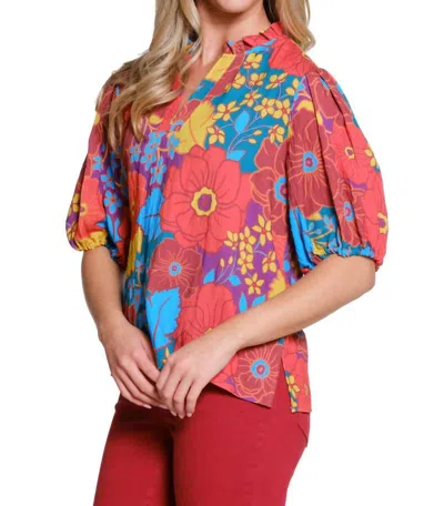 Tru Luxe Floral Print Split Neck Top In Multi