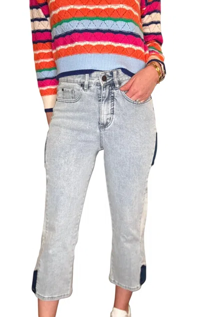 Tru Luxe Pants Wide Leg Crop With Seam Patches In Light Wash With Dark Patches In Multi