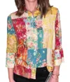 Tru Luxe Patchwork Print Button Up Top In Multi Red In Multi