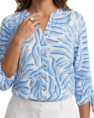 Tru Luxe Ruched Button Up Top In Blue In Animal Print
