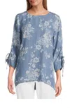 Tru Luxe Ruched Sleeve Laced Back Top In Chambray