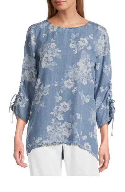 Tru Luxe Ruched Sleeve Laced Back Top In Chambray