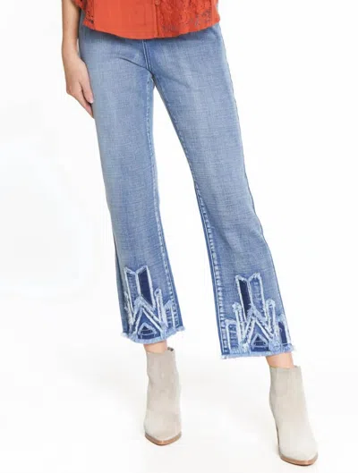 Tru Luxe Straights Leg With Hem Applique Jeans In Medium Indigo In Blue