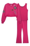 Truce Kids' Appliqué Sweatshirt, Tank & Flare Leg Sweatpants Set In Pink