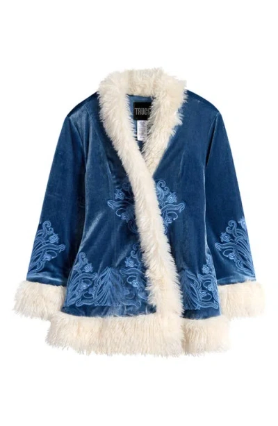 Truce Kids' Faux Fur Trim Embroidered Velvet Jacket In Teal