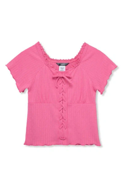 Truce Girls' Mock Lace Up Knit Top - Big Kid In Pink