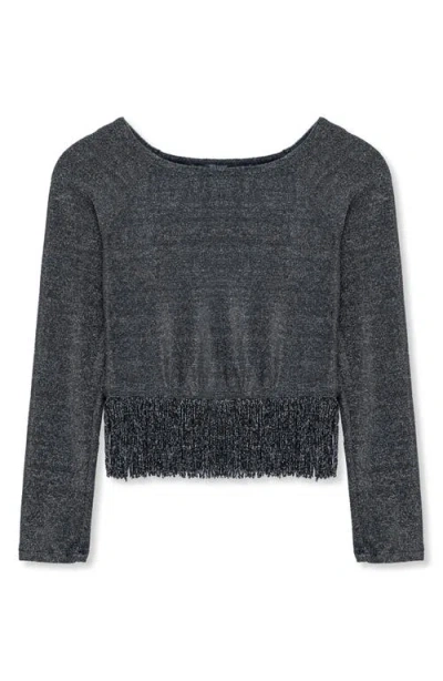 Truce Girls' Metallic Knit Fringe Top - Big Kid In Black