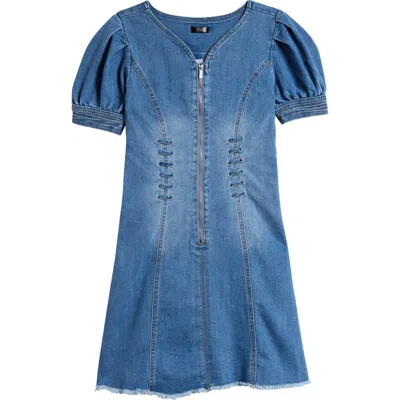 Truce Kids' Zip Front Puff Sleeve Fray Hem Denim Dress