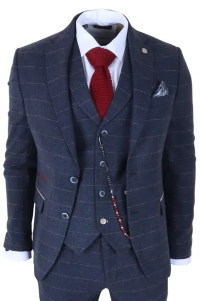 Truclothing 3 Piece Formal Suit Wool Blend Tweed Herringbone In Blue