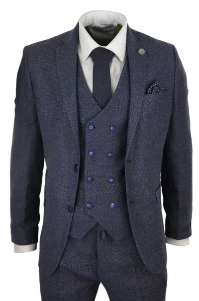 Truclothing 3 Piece Suit Double Breasted Tweed In Blue