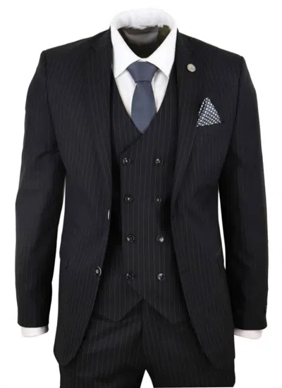 Truclothing 3 Piece Suit Gatsby 1920s Gangster Pinstripe In Black