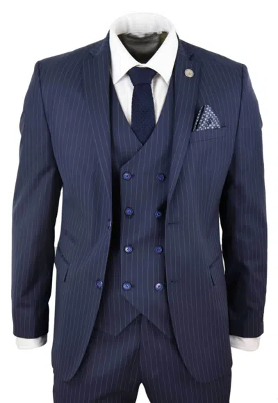 Truclothing 3 Piece Suit Gatsby 1920s Gangster Pinstripe In Blue