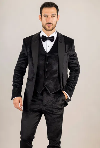 Truclothing 3 Piece Suit Velvet Paisley Shawl Collar Tailored Fit Wedding Tuxedo In Black