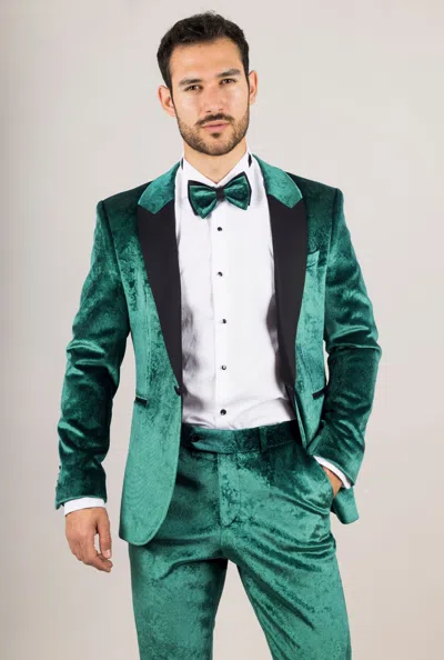Truclothing 3 Piece Suit Velvet Paisley Shawl Collar Tailored Fit Wedding Tuxedo In Green