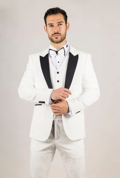 Truclothing 3 Piece Suit Velvet Paisley Shawl Collar Tailored Fit Wedding Tuxedo In White