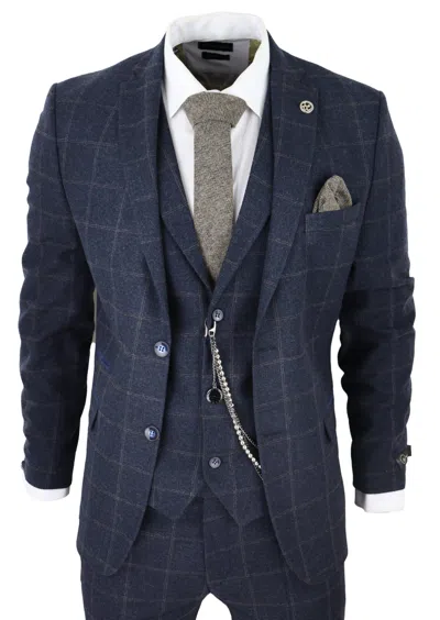 Truclothing 3 Piece Suit Wool Tweed Herringbone In Blue