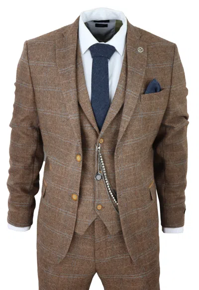 Truclothing 3 Piece Suit Wool Tweed Herringbone In Brown