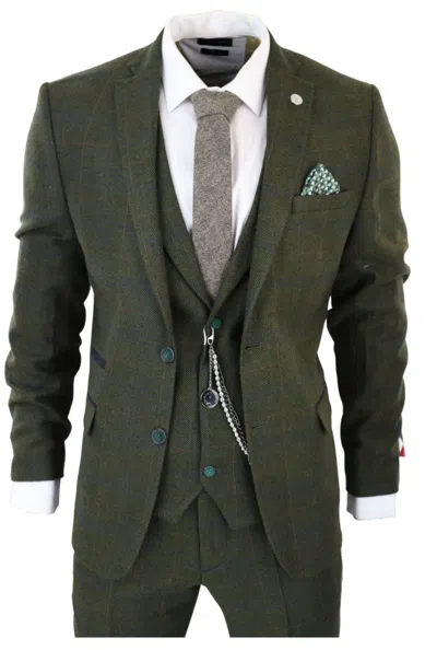 Truclothing 3 Piece Suit Wool Tweed Herringbone In Green