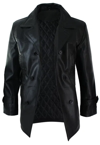 Truclothing 3/4 Double Breasted Leather Kriegsmarine Jacket In Black