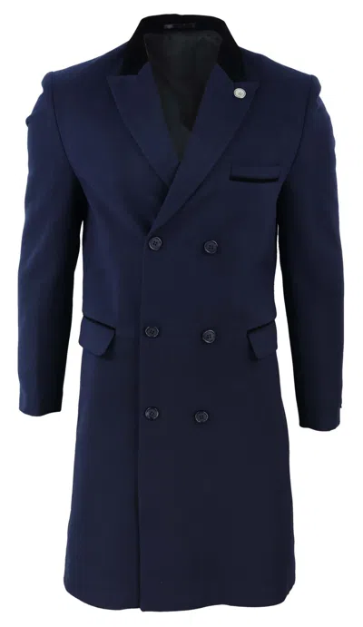 Truclothing 3/4 Long Double Breasted Overcoat Wool Mix Peaky Blinders In Blue