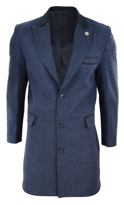 Truclothing 3/4 Long Overcoat Herringbone Tweed Peaky Blinders In Blue