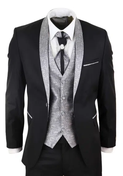 Truclothing 4 Piece Wedding Suit Groom Cravat In Black