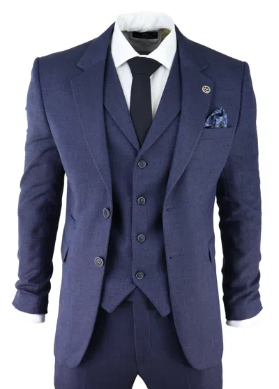 Truclothing Ak-04 Herringbone Tweed 3 Piece Suit In Blue