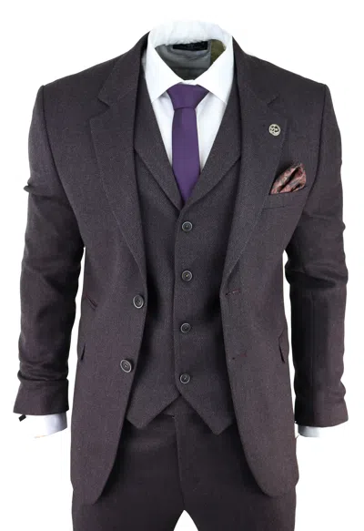 Truclothing Ak-05 Herringbone Tweed 3 Piece Suit In Purple