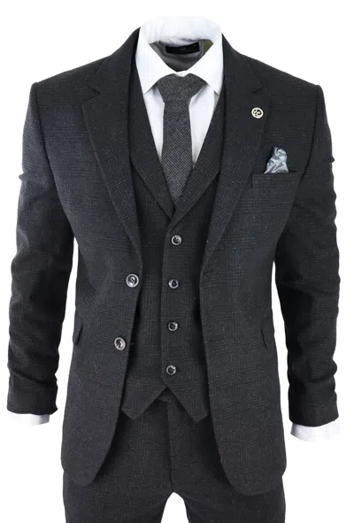 Truclothing Ak-11 Herringbone Tweed 3 Piece Suit In Black