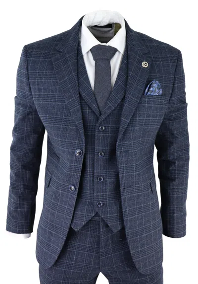 Truclothing Ak-13 Herringbone Tweed 3 Piece Suit In Blue