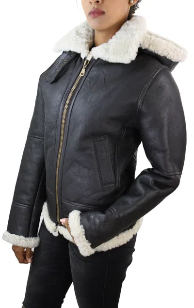 Truclothing Aviator Hooded Shearling Sheepskin Jacket In Black