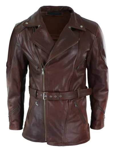Truclothing Belted Long Leather Moto Jacket With Ce Armour In Multi