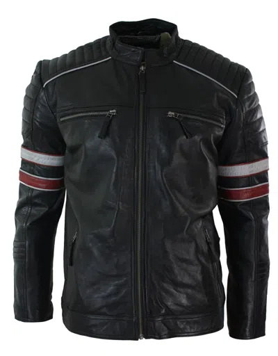 Truclothing Biker Jacket White Stripes Leather In Black