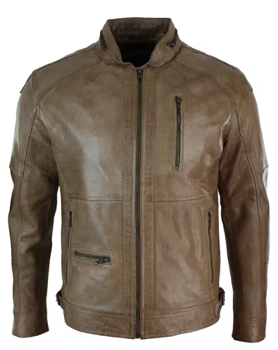 Truclothing Biker Leather Jacket Olive In Brown