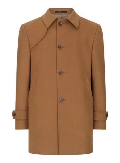 Truclothing Camel 3/4 Overcoat Classic Button Down Collar Shoulder Patch In Brown