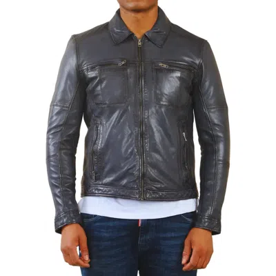 Truclothing Classic Collar Leather Biker Jacket In Blue
