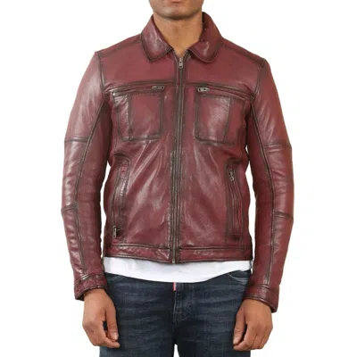 Truclothing Classic Collar Leather Biker Jacket In Red