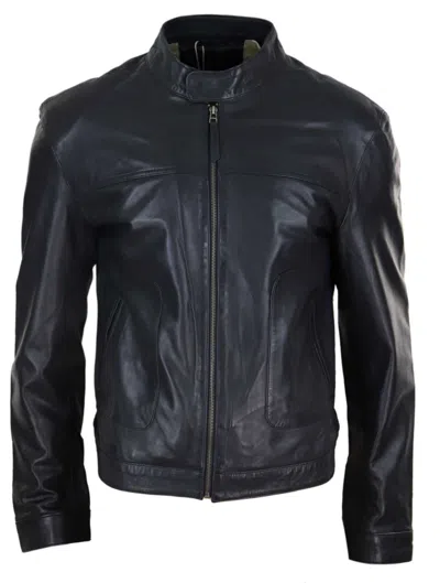 Truclothing Classic Leather Biker Jacket Collarless In Blue