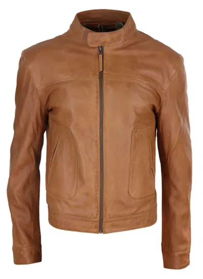 Truclothing Classic Leather Biker Jacket Collarless In Multi