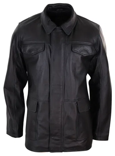 Truclothing Classic Leather Safari Jacket Overcoat Napa In Black