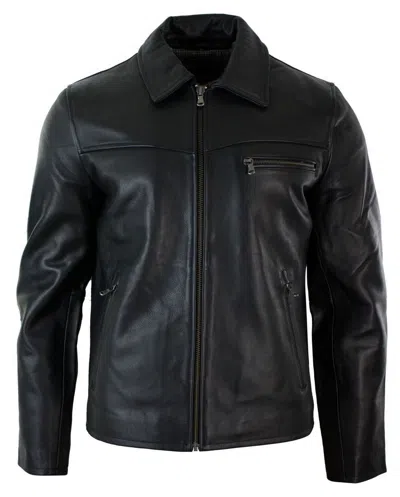 Truclothing Classic Real Leather Collar Box Jacket In Black