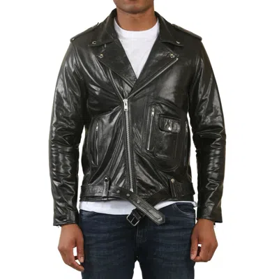 Truclothing Cow Hide Biker Brando Cross Zip Leather Jacket In Black