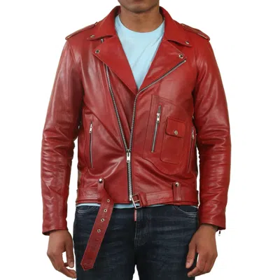Truclothing Cow Hide Biker Brando Cross Zip Leather Jacket In Red