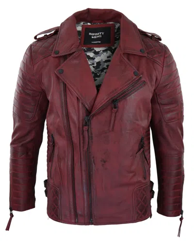 Truclothing Cross Zip Biker Leather Jacket In Burgundy