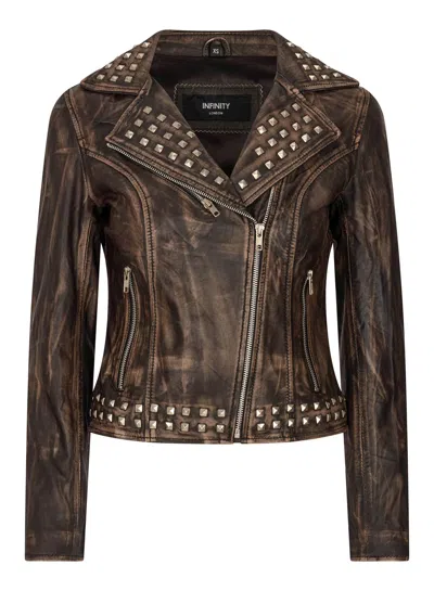 Truclothing Cross Zip Studded Brando Biker Leather Jacket In Brown