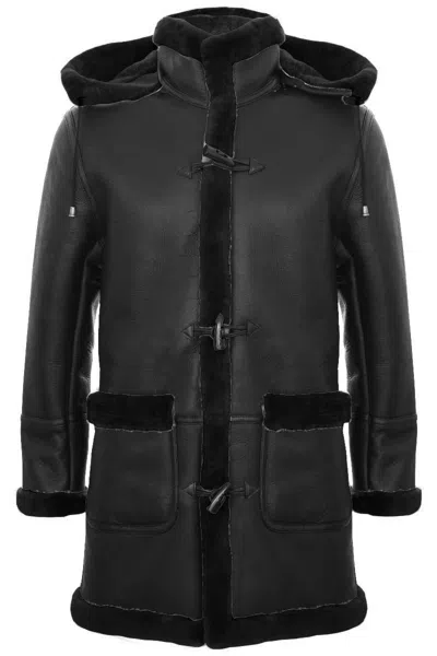 Truclothing Duffle Shearling Sheepskin Duffle Coat Hood In Black