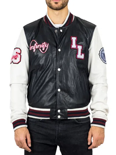 Truclothing Genuine Leather Bomber Jacket Baseball Letterman Coat In Black