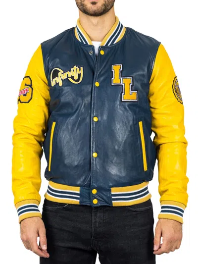 Truclothing Genuine Leather Bomber Jacket Baseball Letterman Coat In Blue