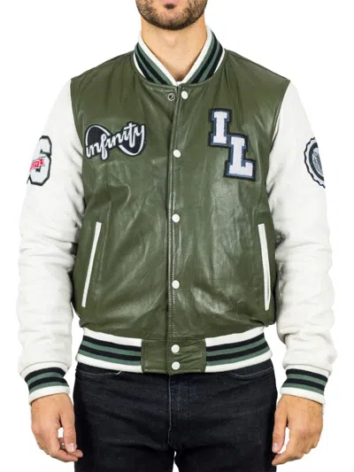 Truclothing Genuine Leather Bomber Jacket Baseball Letterman Coat In Green